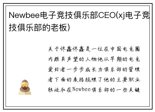 Newbee电子竞技俱乐部CEO(xj电子竞技俱乐部的老板)